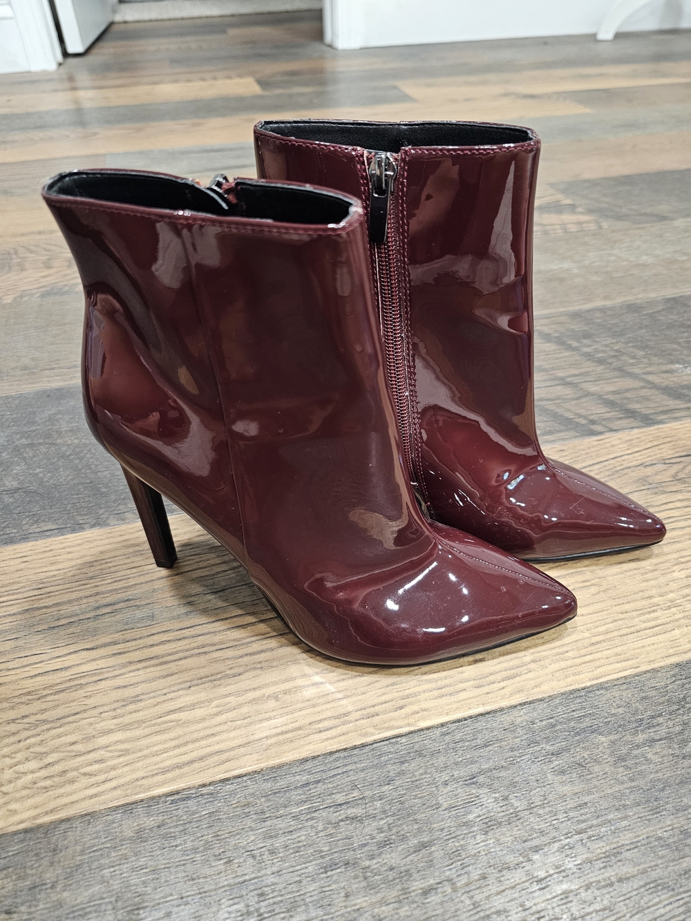 Nine West Patent Pointed-Toe Ankle Boots in Burgundy
